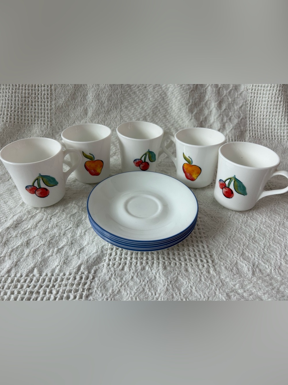 Corelle Fruit Basket Mugs and Saucers 5/6